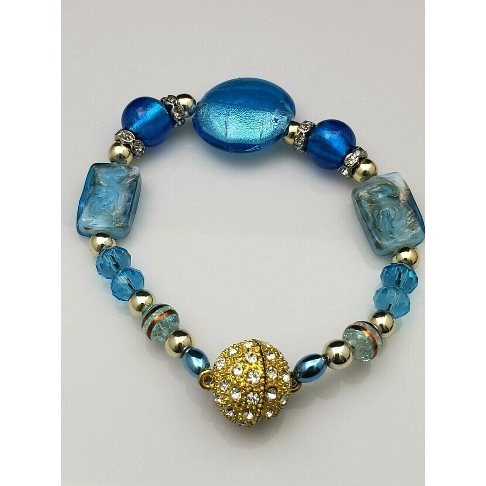 Sparkly Blue Glass Beaded Bracelet Rhinestone Silver Tone Gold Ball Handmade